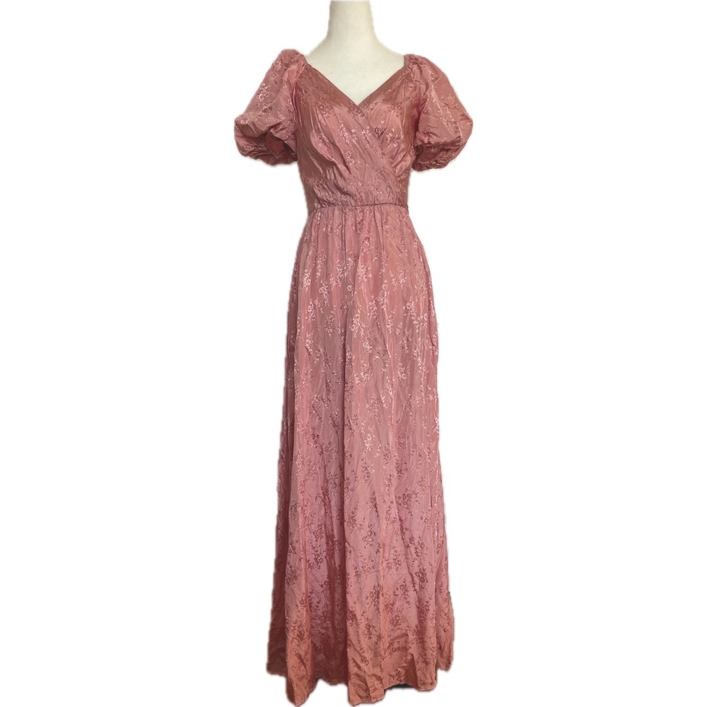 Vintage 80s NuMode Pink Floral Wrap Top Puff Sleeve Maxi Party Dress UK 12 US Sm